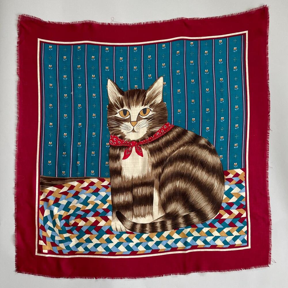 Giant 80s Cat Scarf Graphic Lightweight Wool by Echo VTG Raw Edge 100% Wool